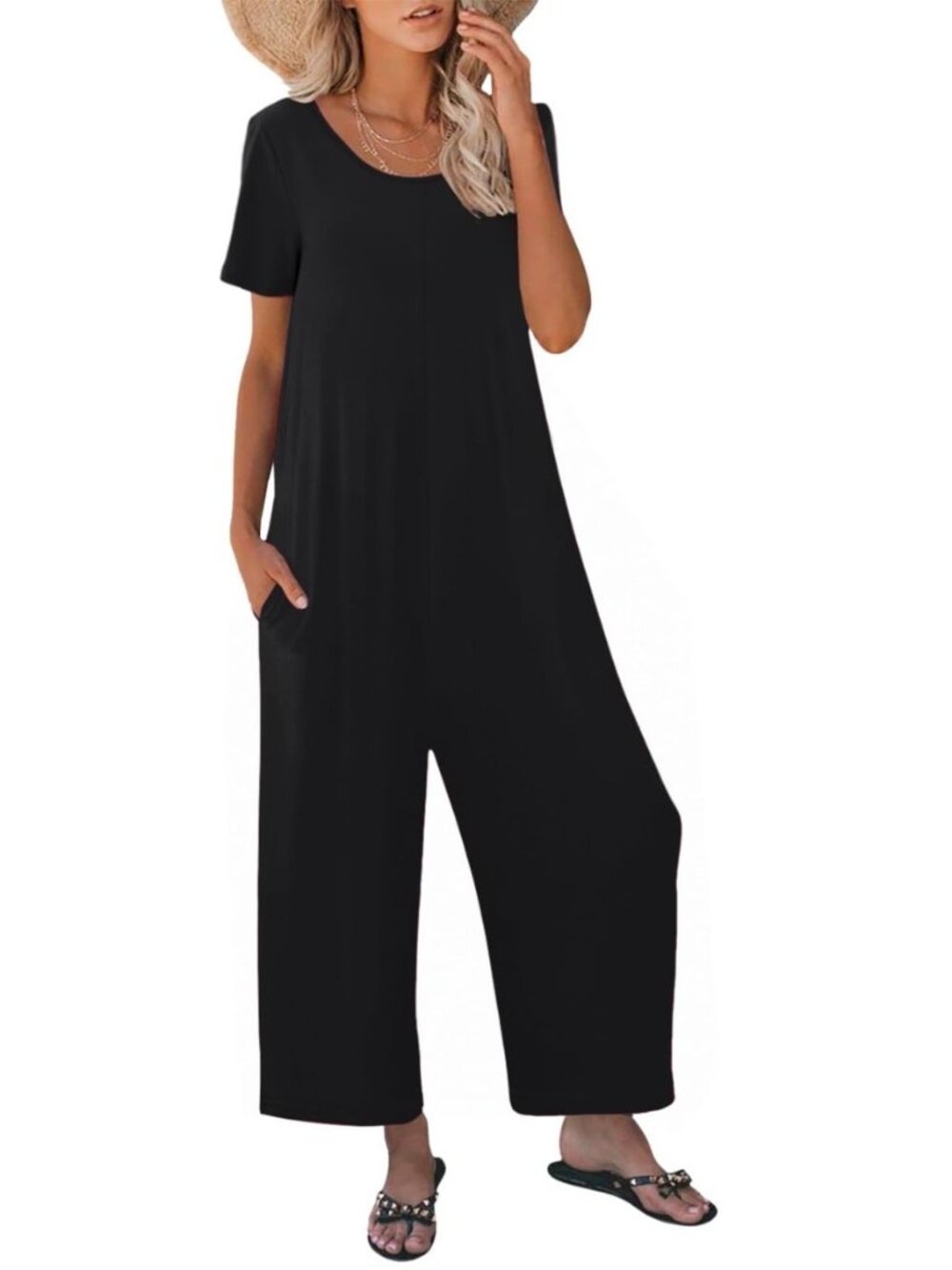 Jumpsuits for Women Summer Short Sleeve U Neck Rompers Casual Loose Fit Wide Leg